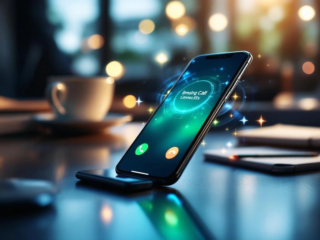 Moderne smartphone toont inkomend gesprek op kantoorbureau met koffiekop en notitieblok, professionele connectiviteit