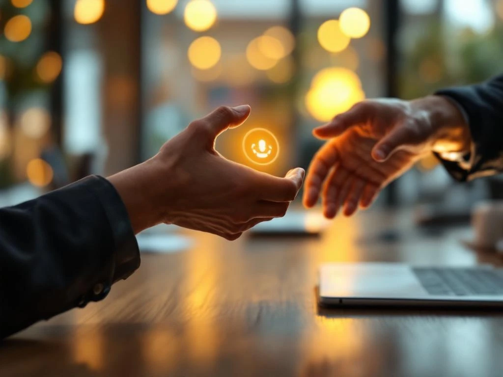 Twee handen reiken naar elkaar over bureau, één met smartphone met verbindingssymbool, warme verlichting, zakelijke communicatie