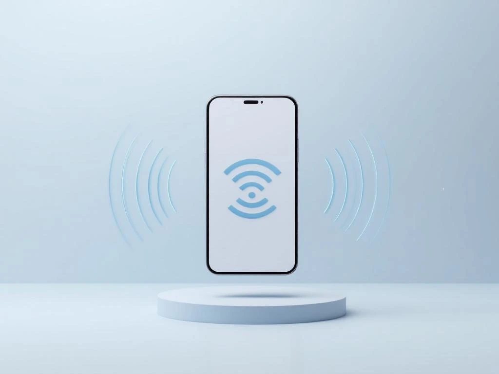 Smartphone met signaalwaves en geometrische lijnen voor telecommunicatiediensten in blauw en wit