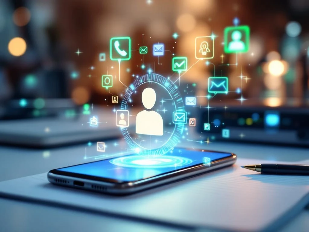 Smartphone met contactformulier interface en holografische iconen op wit bureau naast notitieblok in modern kantoor