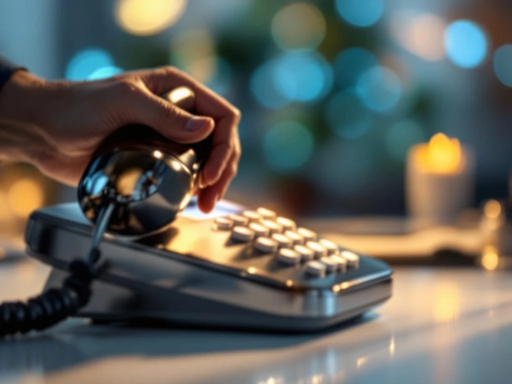 Moderne telefoonhoorn wordt opgetild van houder op wit bureau met gouden verlichting en kantooromgeving op achtergrond