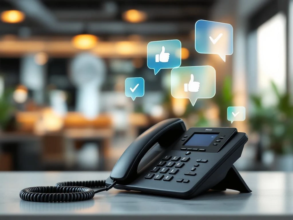 Zwarte telefoon op modern bureau met positieve feedback-symbolen en duimen omhoog in professionele kantooromgeving