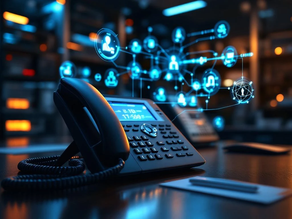 Moderne kantoortelefoon met verlichte knoppen en holografische verbindingsdiagrammen op professioneel bureau