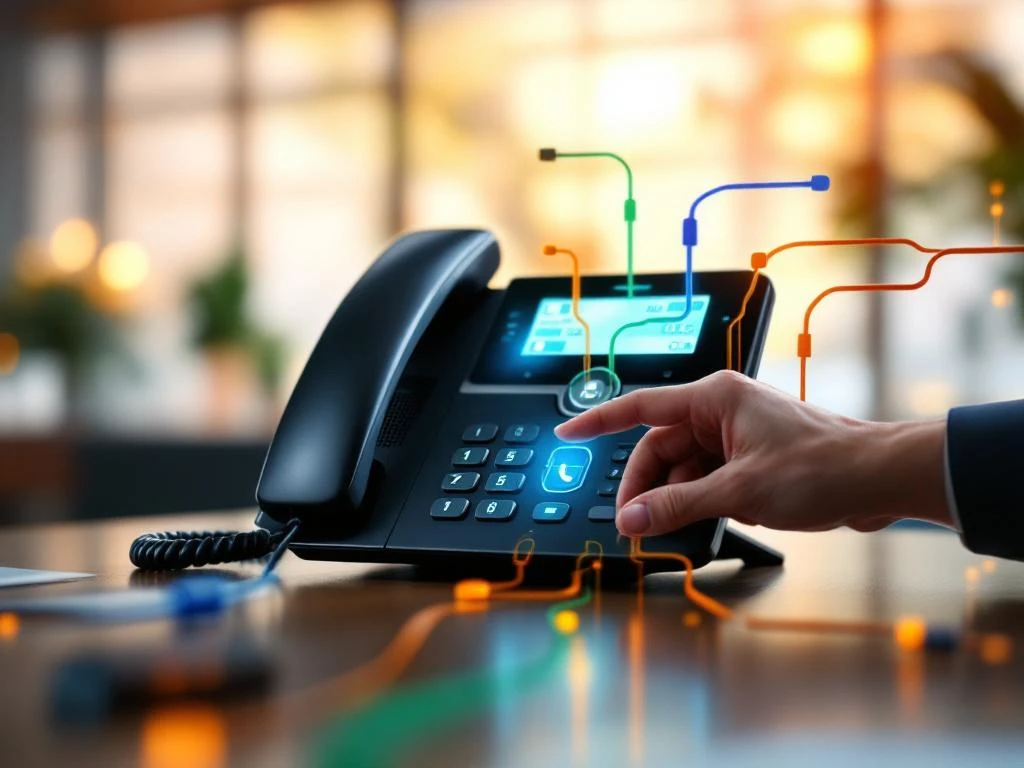 Moderne zwarte zakelijke telefoon op kantoorbureau met gekleurde kabels en hand bij verlichte bedieningsknoppen