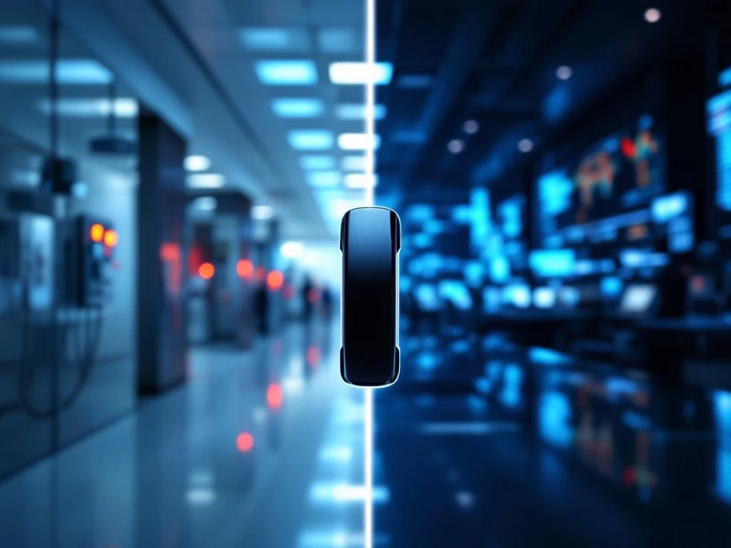 Zwarte telefoonhoorn verbindt ziekenhuisgang met medische apparatuur en moderne handelsvloer met computers