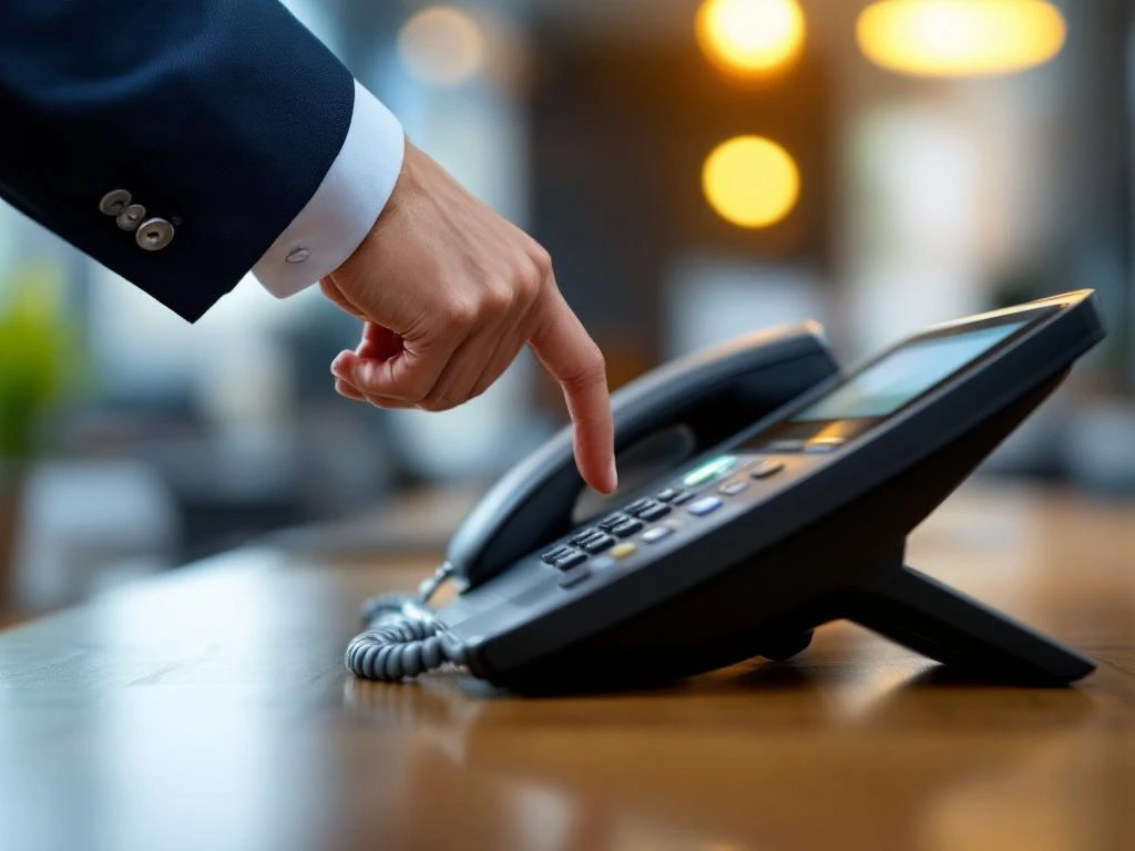 Twee handen boven moderne kantoortelefoon, één reikt naar hoorn terwijl andere hand begeleidt op houten bureau