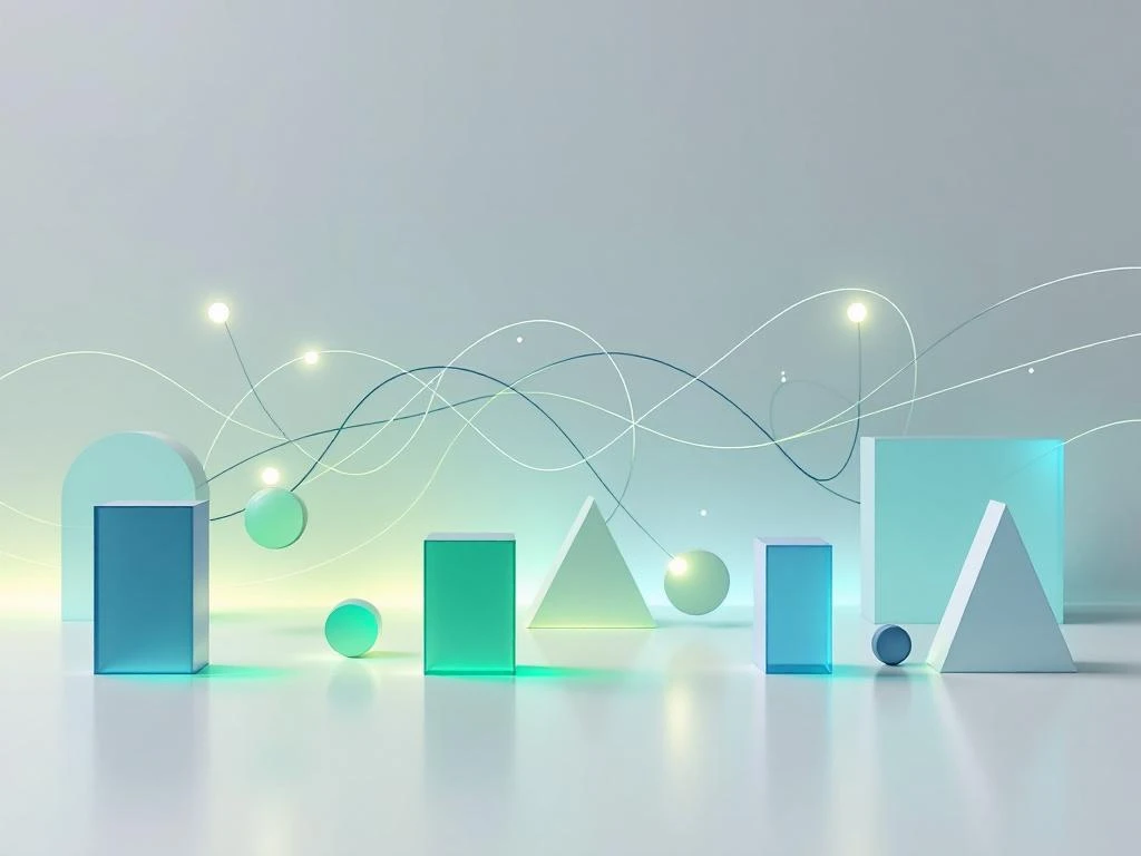 Geometrische vormen in blauw en groen die verschillende bedrijfstypes vertegenwoordigen, verbonden door vloeiende lijnen op witte achtergrond.