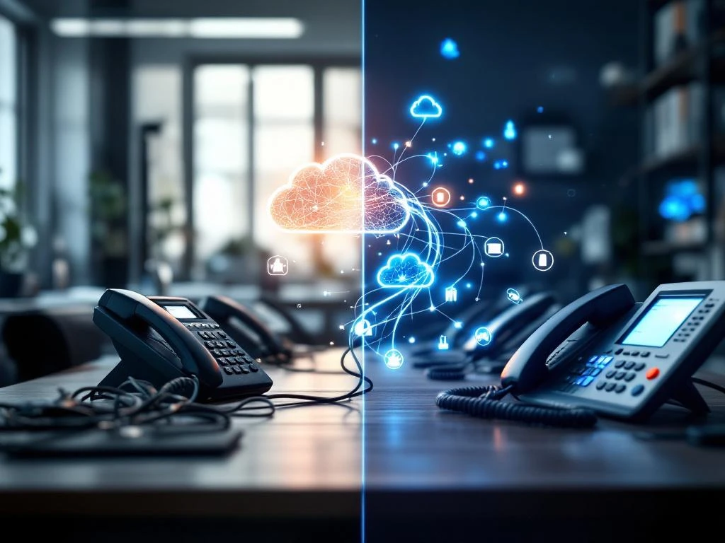 Overgang van oude analoge bureautelefoons naar moderne VoIP-systemen verbonden door glasvezelkabel in kantooromgeving
