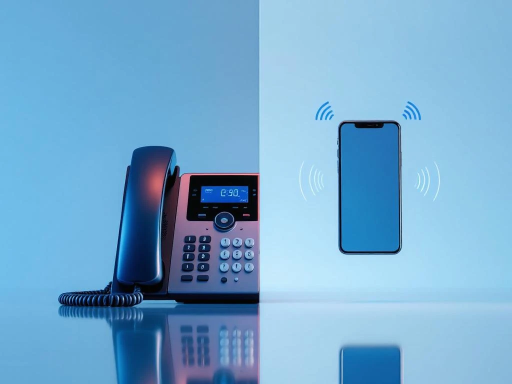 Moderne smartphone en traditionele vaste telefoon naast elkaar, toont evolutie van telecommunicatietechnologie