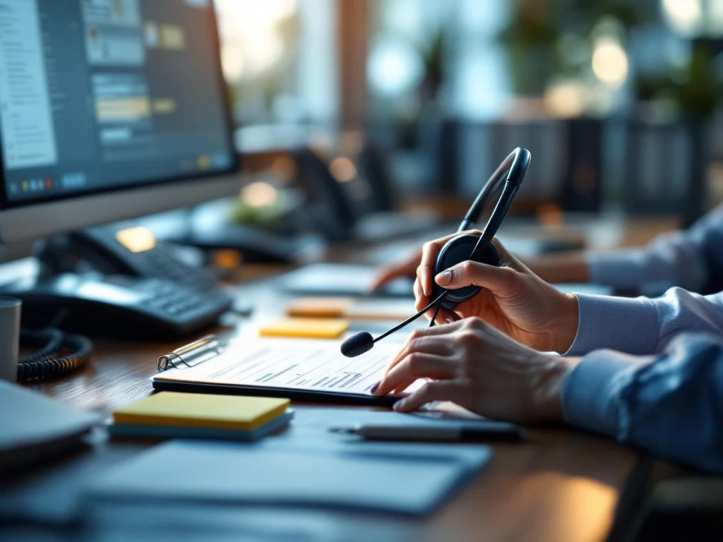 Professionele telefoniste houdt headset vast aan bureau met computer en georganiseerde kantoorbenodigdheden