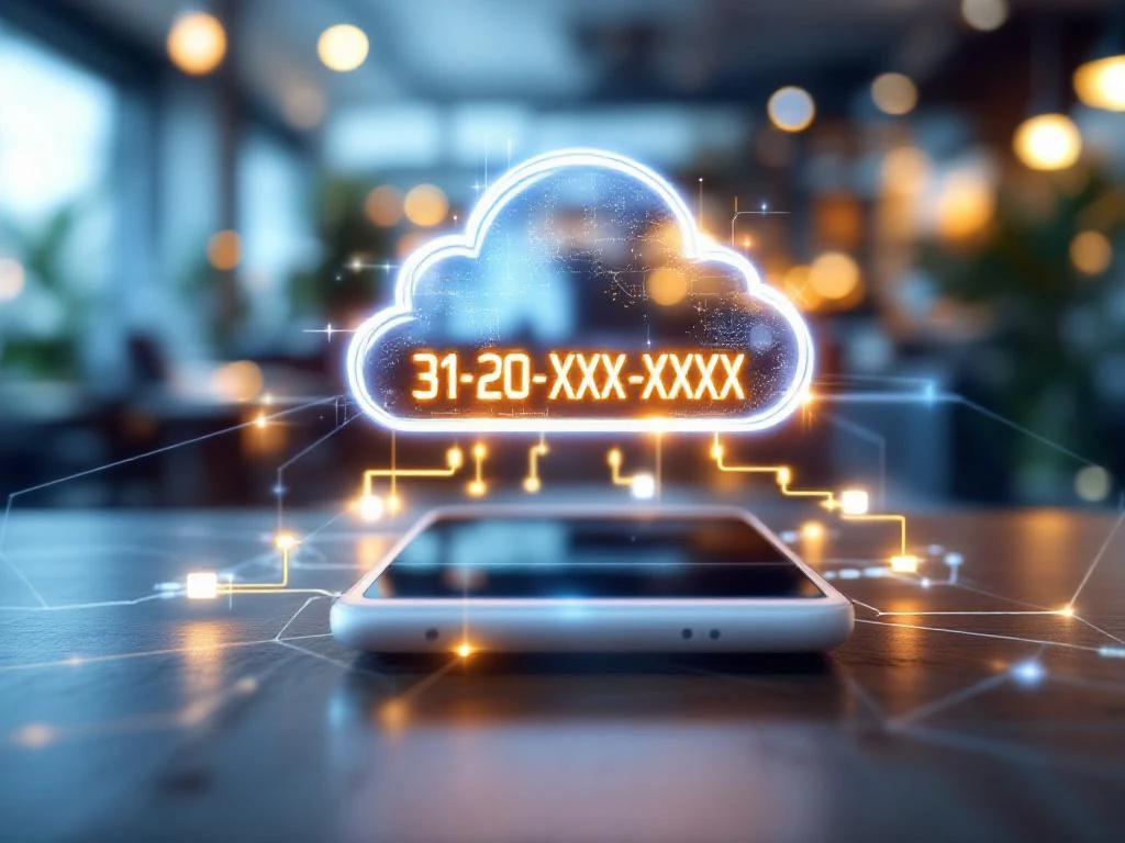 Smartphone zweeft boven digitale cloud met verbindingslijnen naar laptops en tablets, holografische telefoonnummers zichtbaar