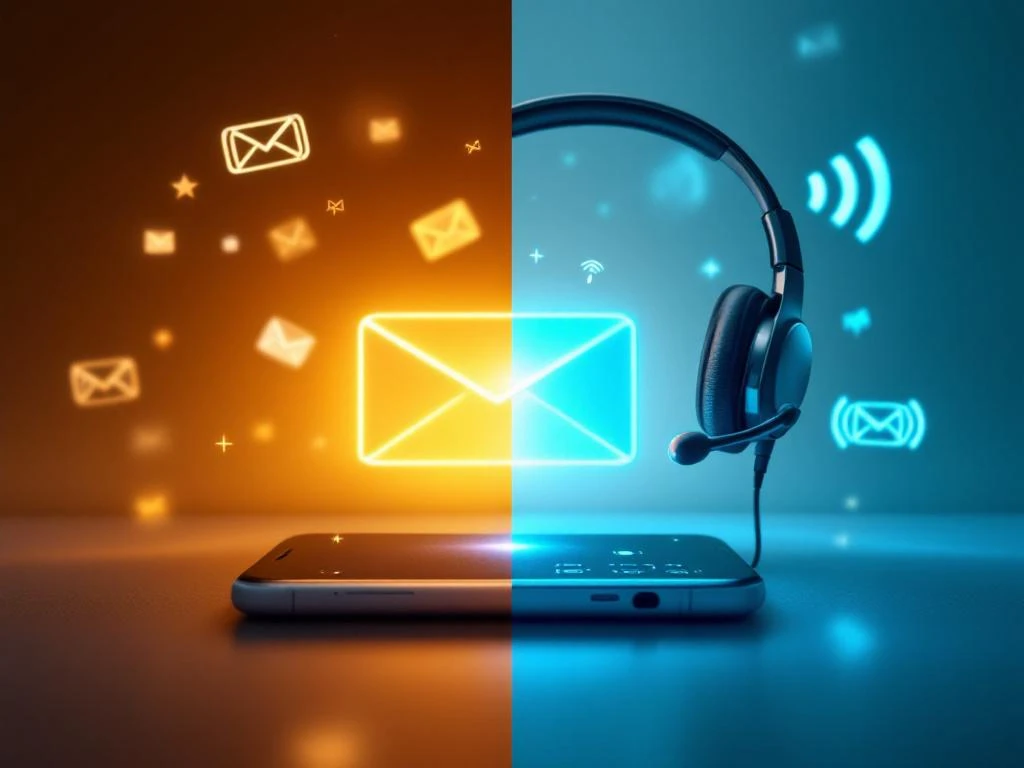 Smartphone met voicemail-icoon naast professionele headset met communicatiegolven op oranje-blauwe achtergrond