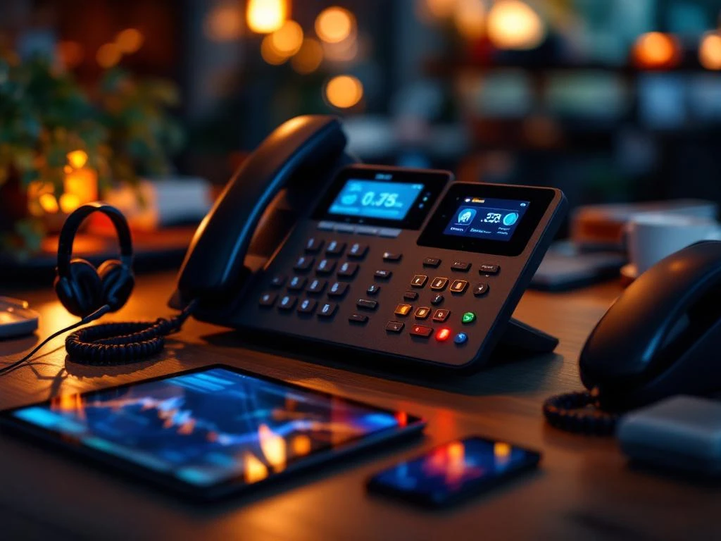 VoIP-telefoonsysteem met gloeiende knoppen op kantoorbureau omringd door headset, tablet en andere communicatieapparatuur