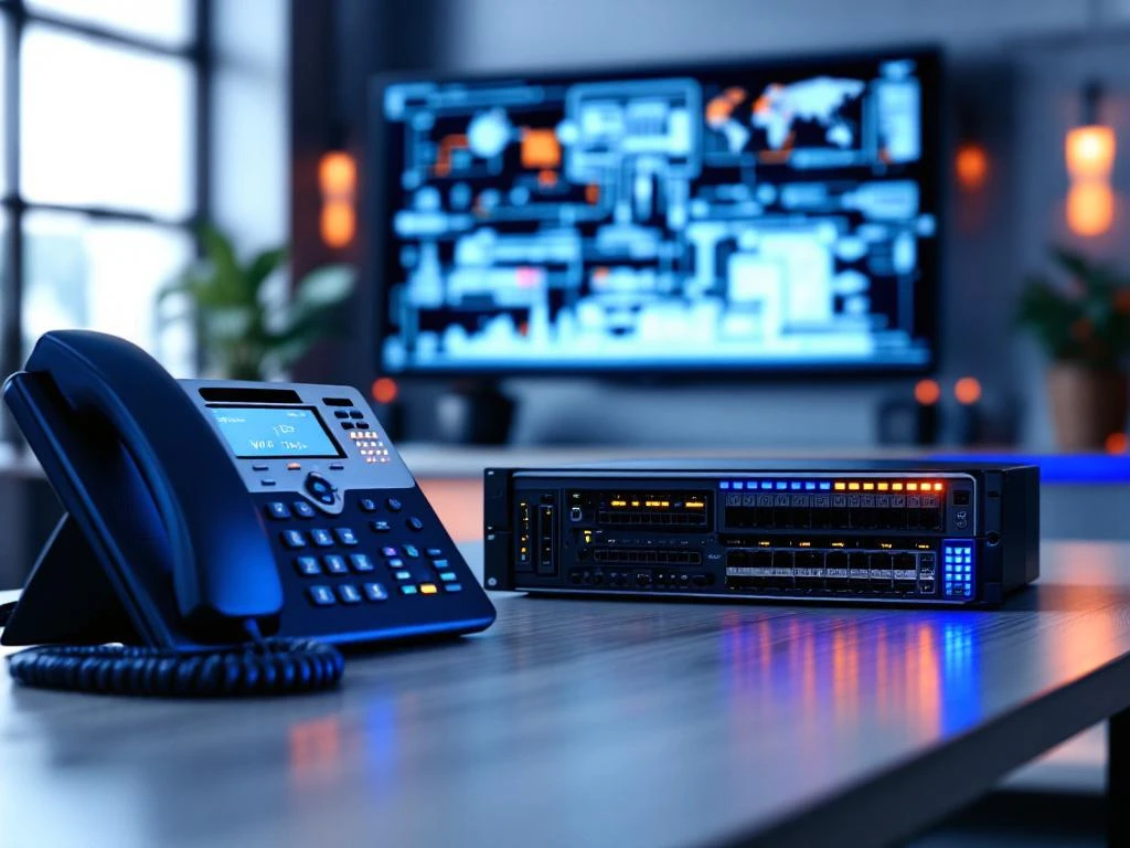 Moderne kantoorwerkplek met VoIP-telefoonsysteem, serverrack met LED-indicatoren en glasvezelkabels in professionele setting