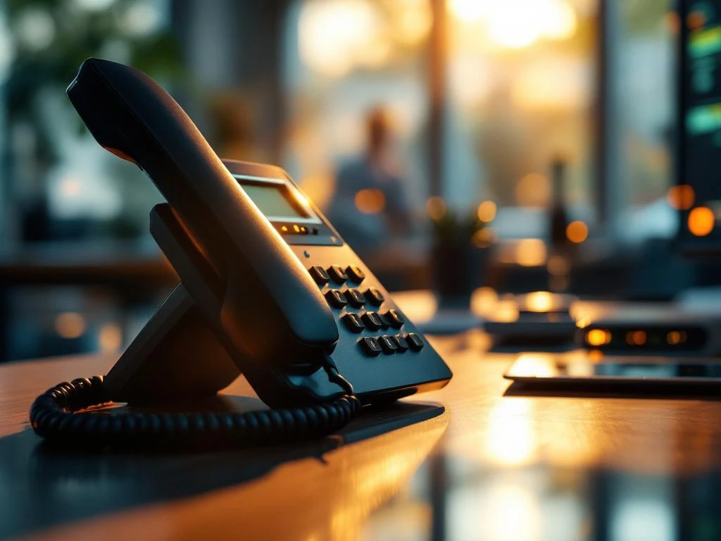 Zwarte telefoonhoorn op modern kantoorbureau met gouden ochtendlicht en actieve telefoonlijnen op achtergrond