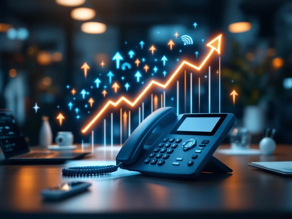 Moderne zakelijke telefoon op bureau met pijlen en signaalwaves die verbeterde communicatie en connectiviteit symboliseren