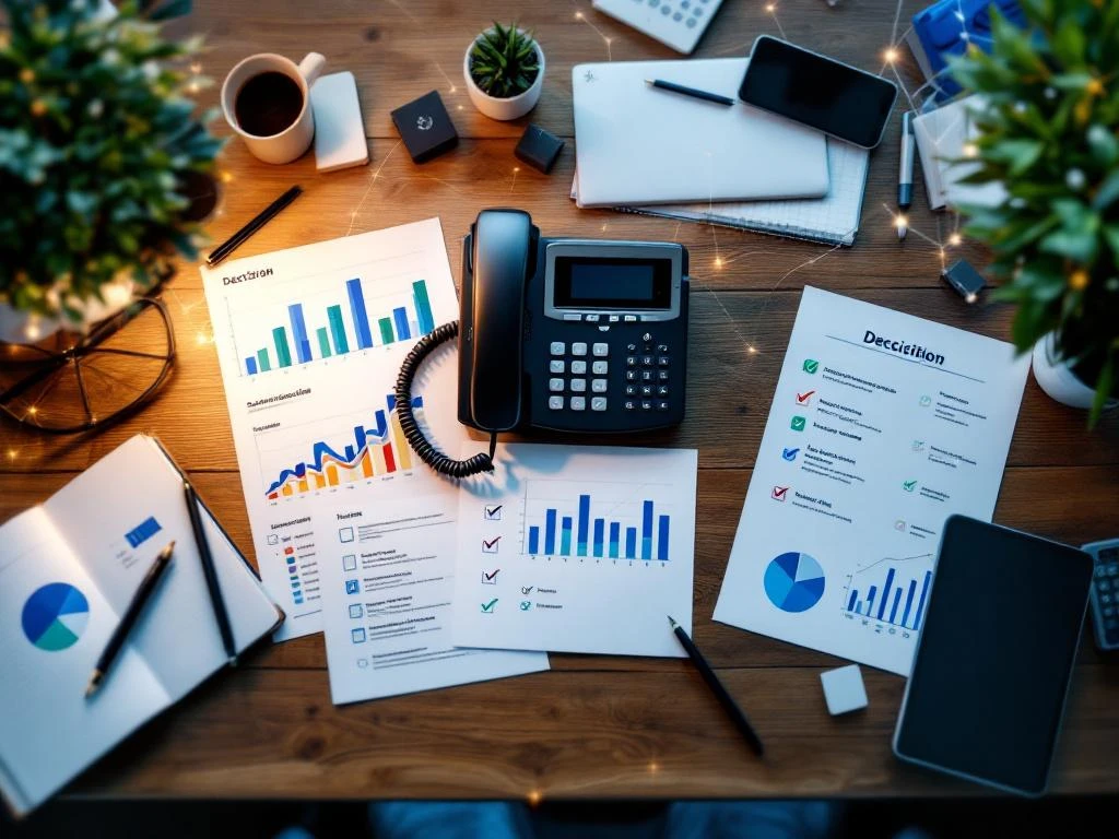 Zwarte zakelijke telefoon op modern bureau met vergelijkingsgrafieken, checklists en visitekaartjes voor besluitvorming