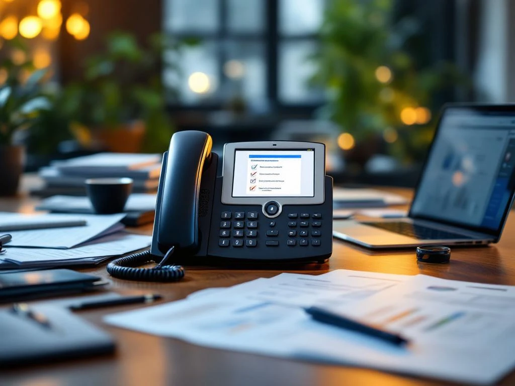 Zwarte zakelijke telefoon op modern bureau met laptop, documenten en professionele verlichting in kantooromgeving