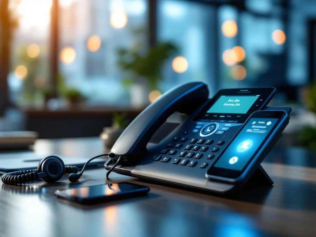 Moderne kantoorbureau met zwarte zakelijke telefoon, draadloze headset en smartphone in professionele blauwe omgeving