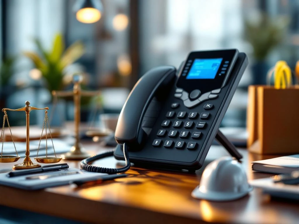 Zwarte zakelijke telefoon op modern bureau omringd door miniatuur bedrijfssymbolen zoals stethoscoop en weegschaal