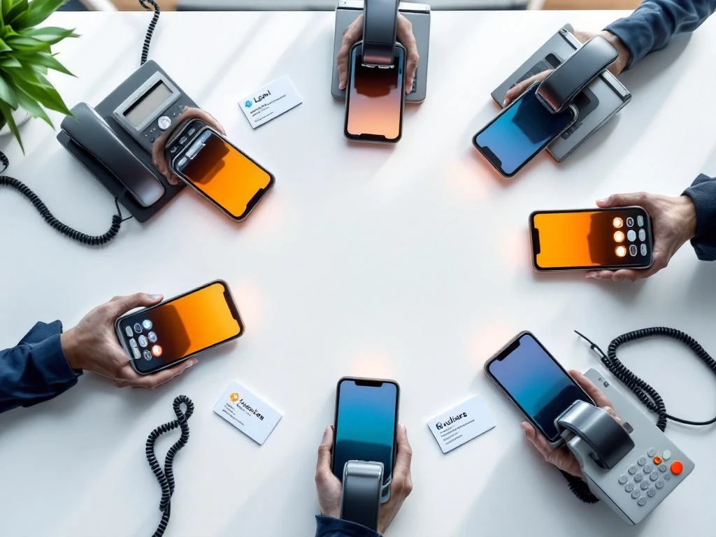 Bovenaanzicht van moderne kantoorbureau met smartphones en telefoons in cirkel, met gloeiende schermen en visitekaartjes