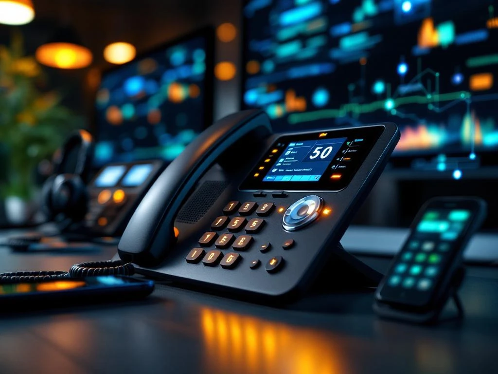 Moderne zakelijke telefoonsystemen op kantoorbureau met IP-telefoons, headsets en verlichte verbindingsindicatoren