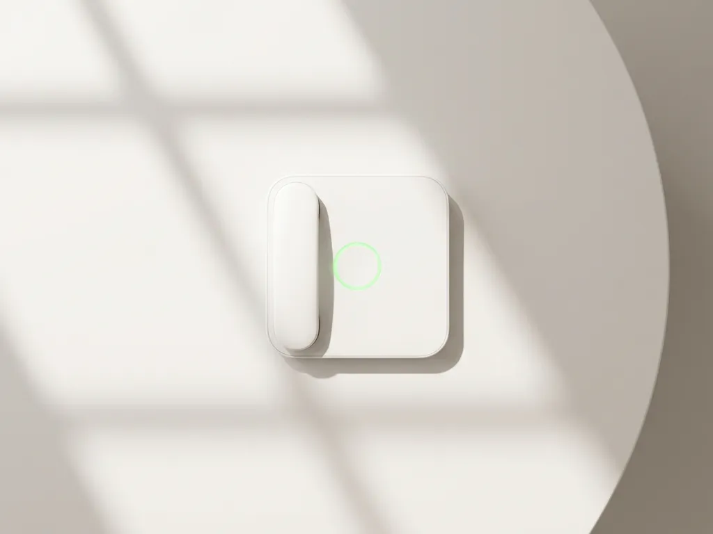 Witte bureautelefoon met groene indicator op schoon wit oppervlak, geometrische schaduwen van natuurlijk licht
