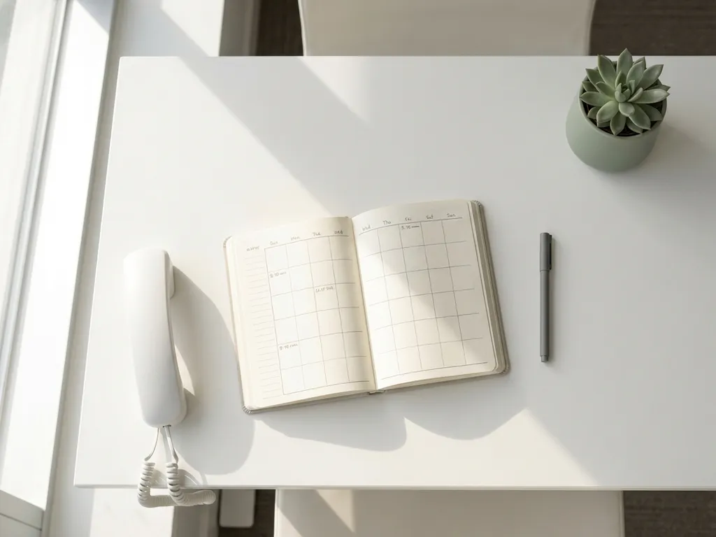Moderne kantoorbureau van bovenaf met witte telefoon, open agenda en pen in geometrische opstelling met natuurlijk licht