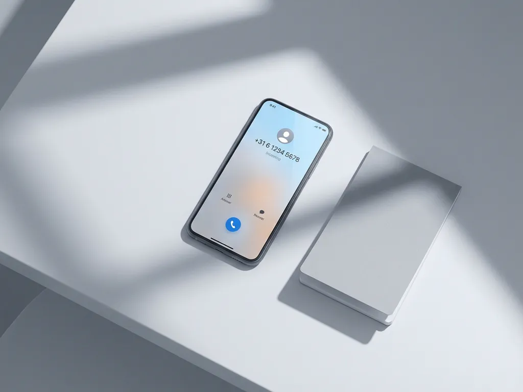 Smartphone toont inkomend gesprek met Nederlands +31 nummer op wit bureau naast notitieblok, bovenaanzicht