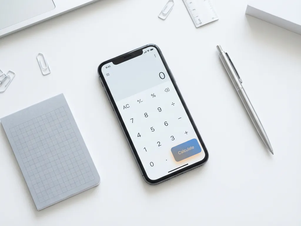 Moderne smartphone met prijscalculator-interface op wit bureau met notitieblok en zilveren pen in minimalistisch ontwerp