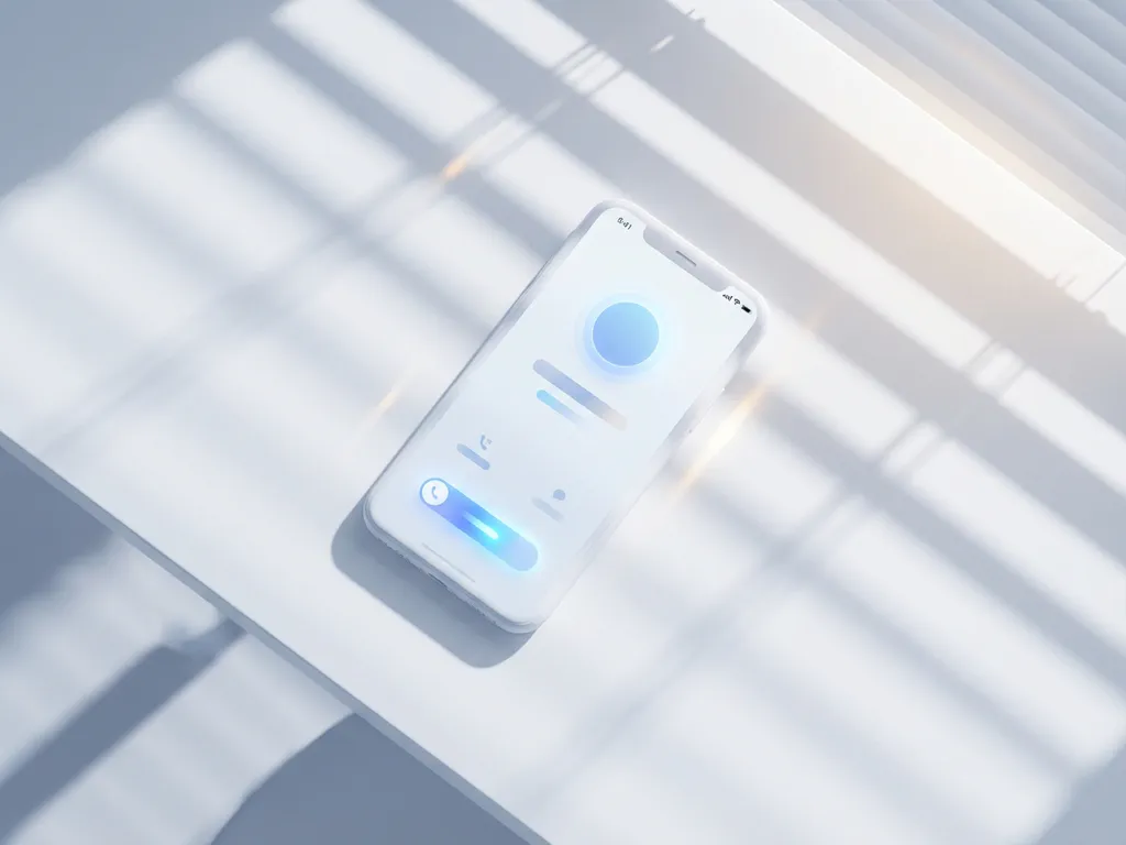 Moderne smartphone met inkomend gesprek op wit bureau, zachte blauwe notificatie en geometrische schaduwen