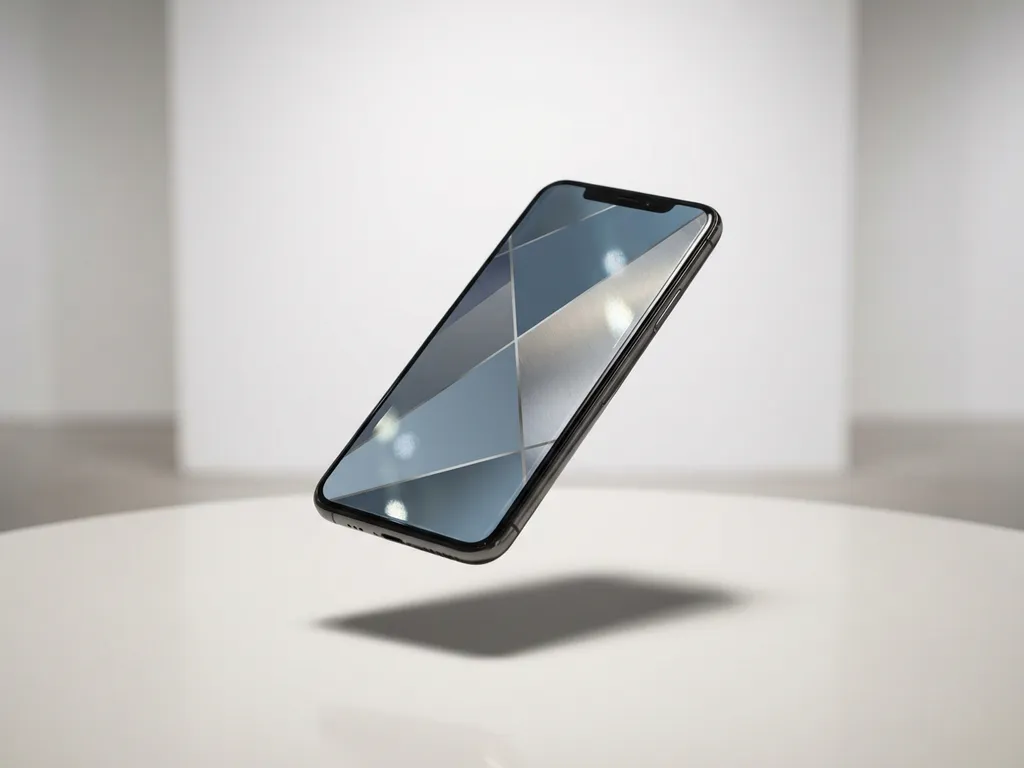 Moderne smartphone zweeft boven wit oppervlak met geometrische patronen op scherm in blauw en zilver tinten