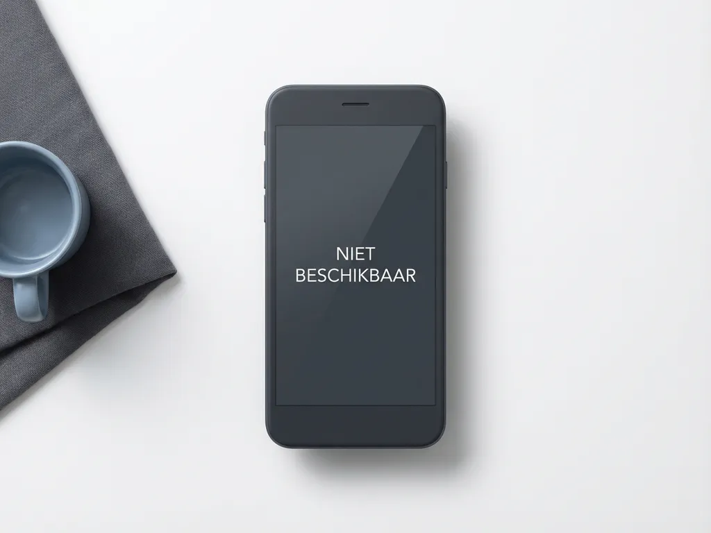 Smartphone op wit bureau toont "niet beschikbaar" melding op donker scherm, bovenaanzicht met zachte schaduw