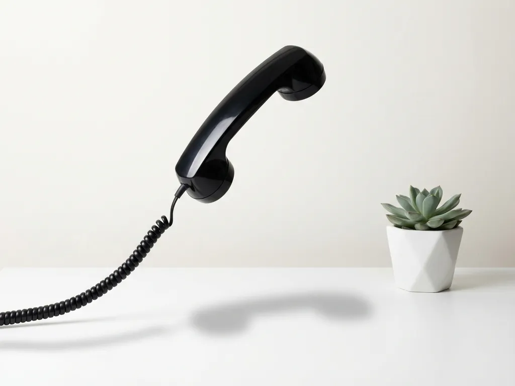 Zwarte telefoonhoorn zwevend boven wit bureau met vetplant, minimalistische werkruimte in monochroom design
