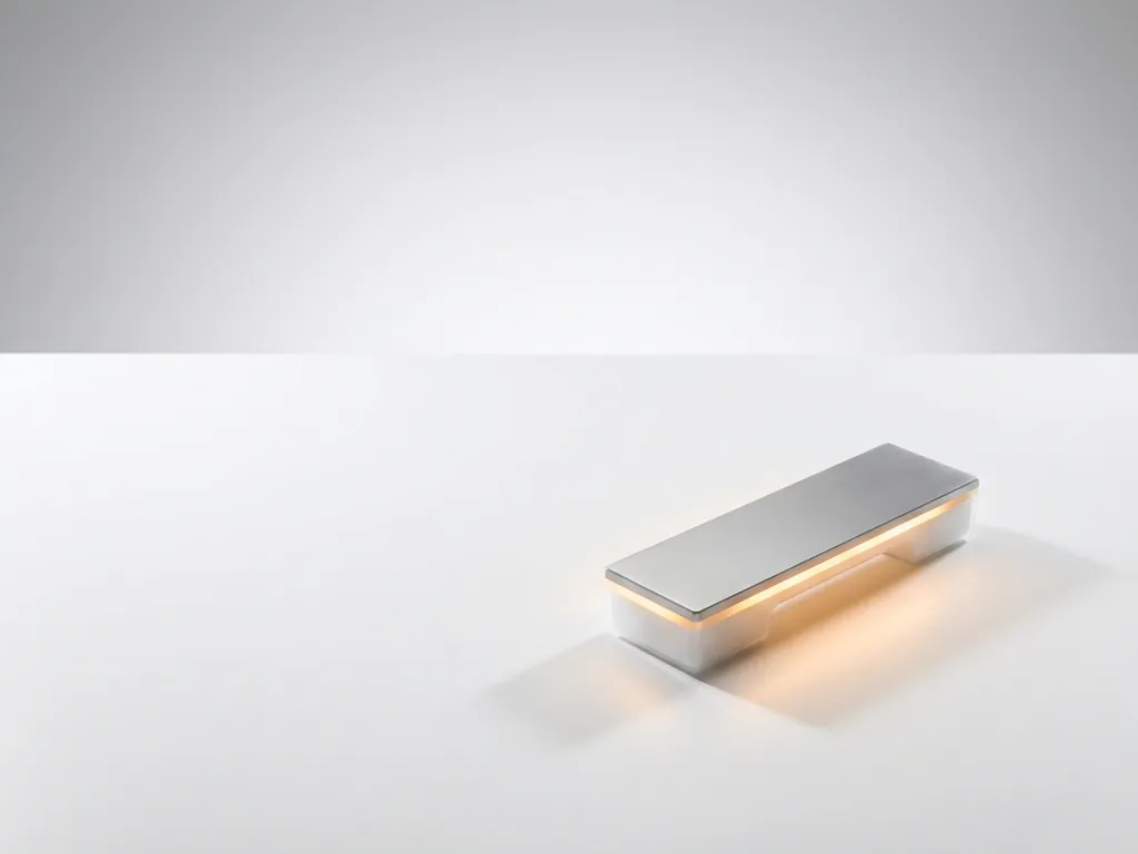 Moderne telefoonhoorn met warme amberkleurige verlichting op witte bureauondergrond in minimalistische setting