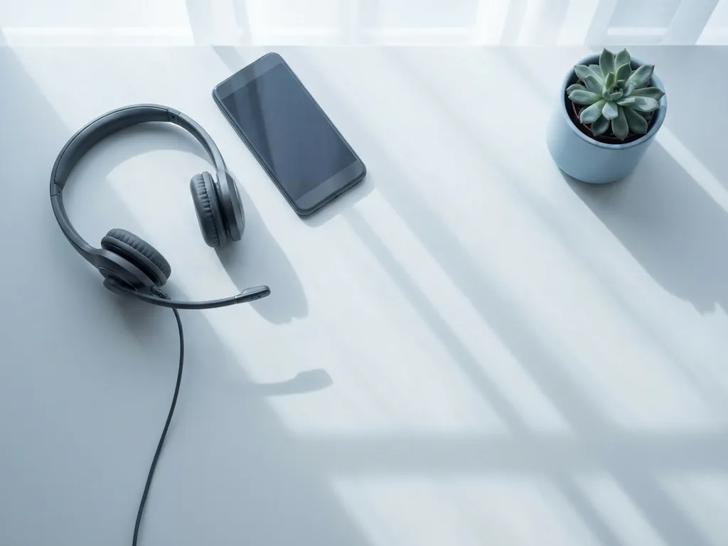 Professionele telefoonheadset naast smartphone op witte bureau met vetplant, zachte schaduwen en minimale werkruimte