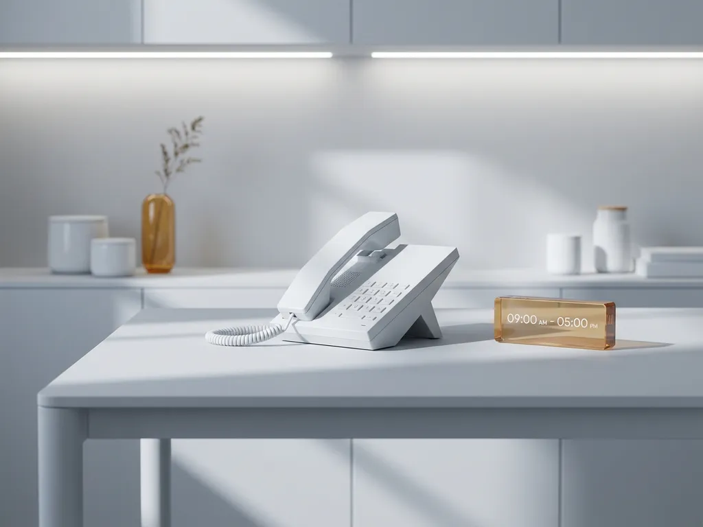Witte bureautelefoon met opgetilde hoorn op minimalistische werkplek met digitale klok en zachte verlichting