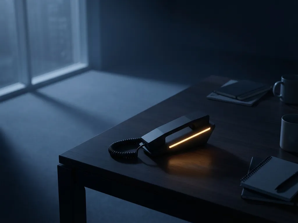 Moderne telefoonhoorn op donker bureau met maanlicht door raam, LED-indicator gloeit zacht in nachtelijk kantoor