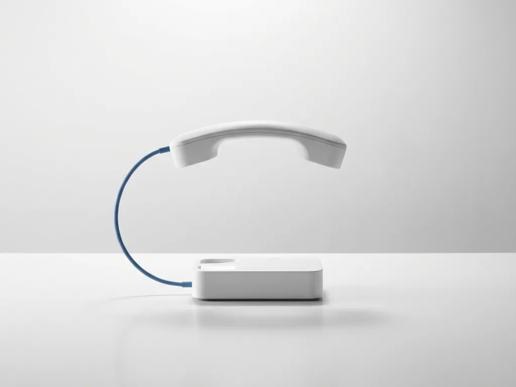 Moderne witte telefoonhoorn zweeft boven minimalistische basis, verbonden door elegante gebogen lijn met blauwe accenten