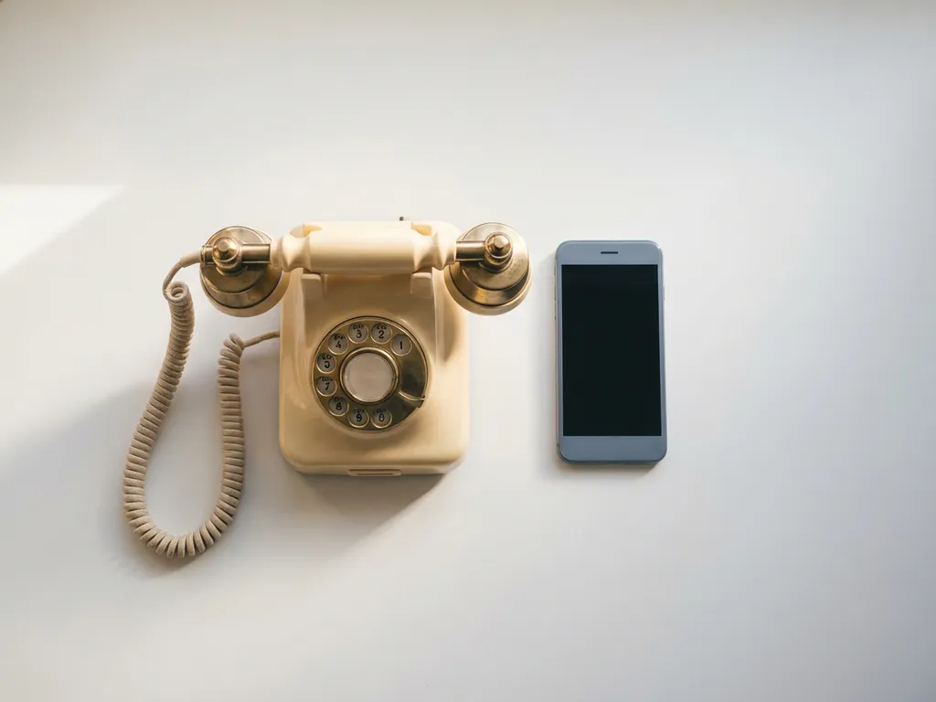 Vintage draaitelefoon en moderne smartphone naast elkaar op wit bureau in minimalistisch bovenaanzicht