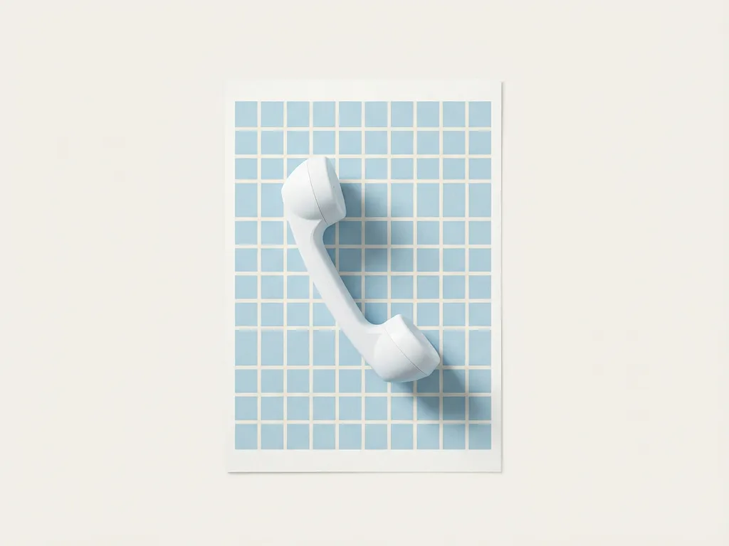 Witte telefoonhoorn zwevend boven geometrisch rasterpatroon met zachte schaduwen en minimalistische compositie