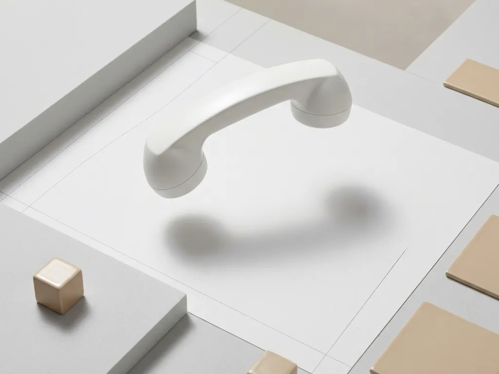 Witte telefoonhoorn zwevend boven geometrisch bureau met zachte schaduw en minimale rasterlijnen in bovenaanzicht