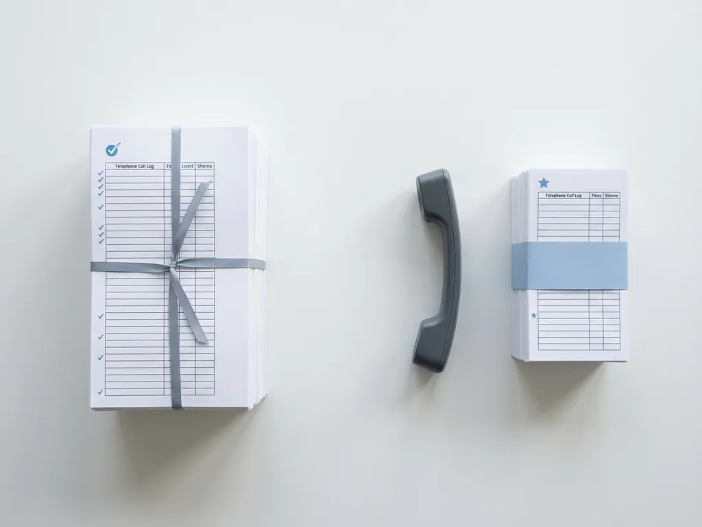 Witte bureau met twee stapels telefoonlogboeken, grote stapel voor routinegesprekken en kleinere voor prioriteitsgesprekken, met telefoontoestel ertussen