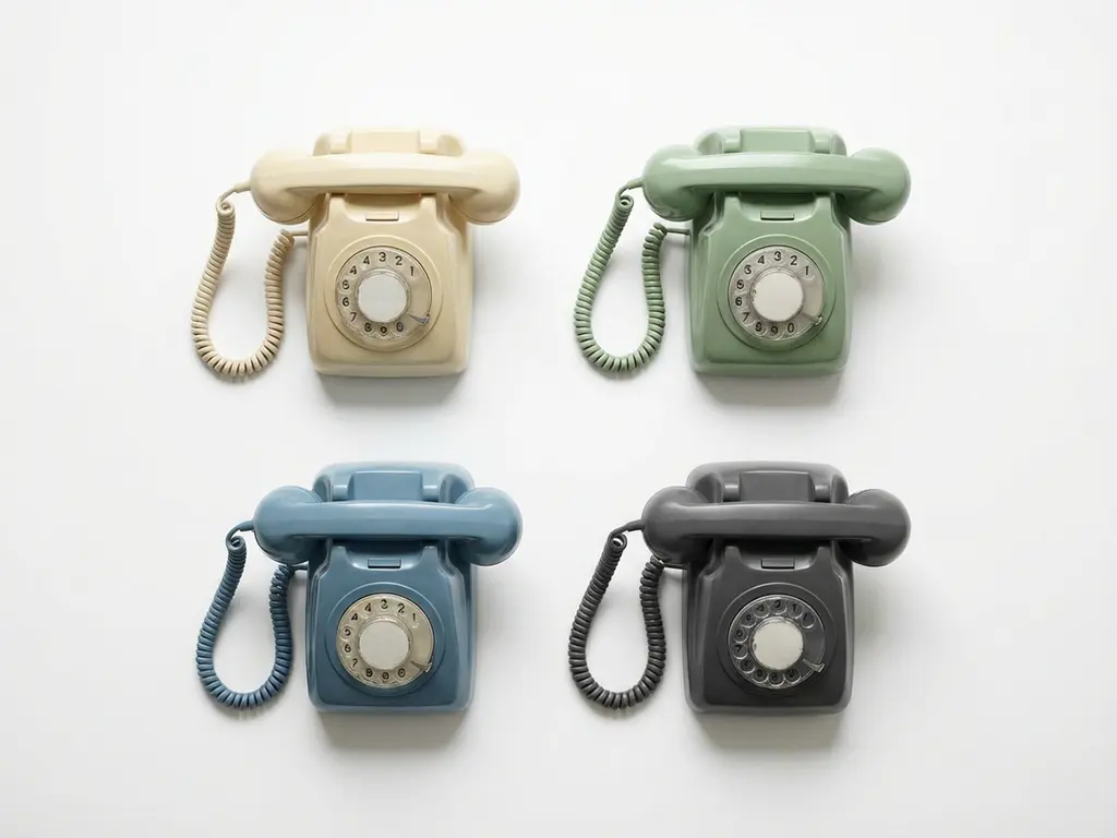 Vier vintage draaitelefoons in crème, saliegroen, stoffig blauw en antraciet gerangschikt in vierkant op witte ondergrond