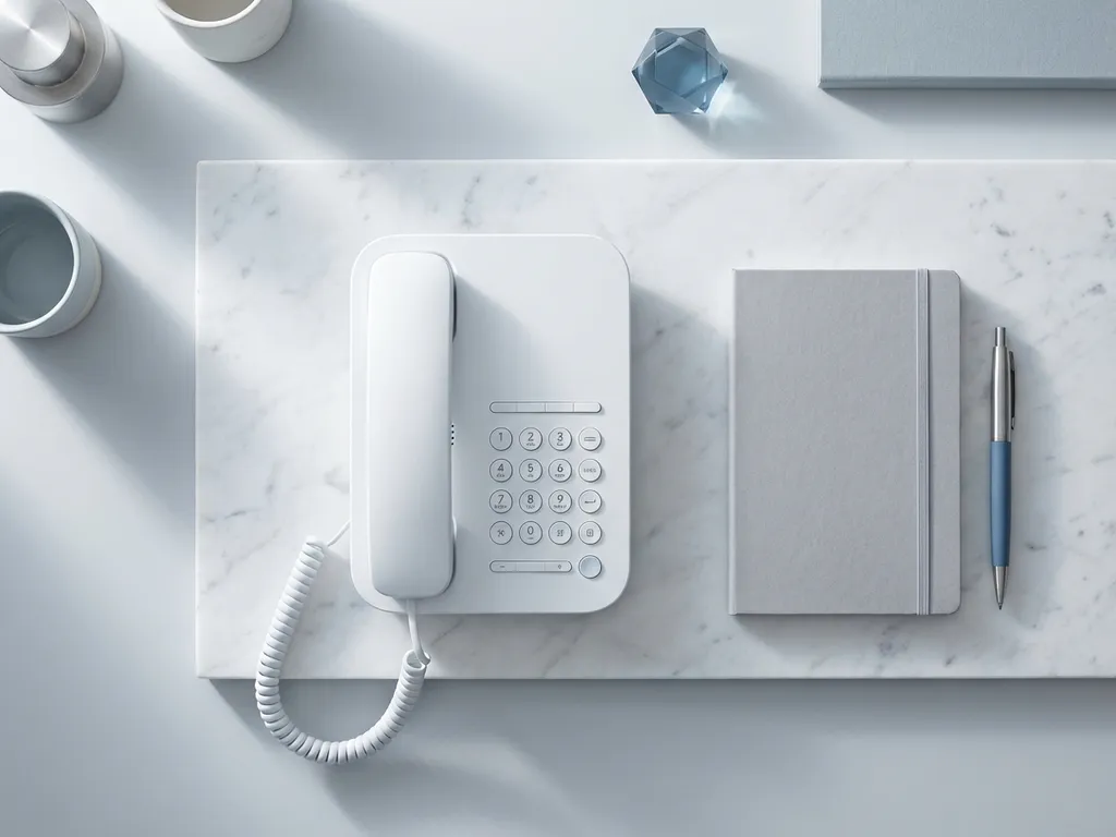 Witte bureautelefoon op marmeren oppervlak met notitieblok en pen in minimalistisch kantoorinterieur