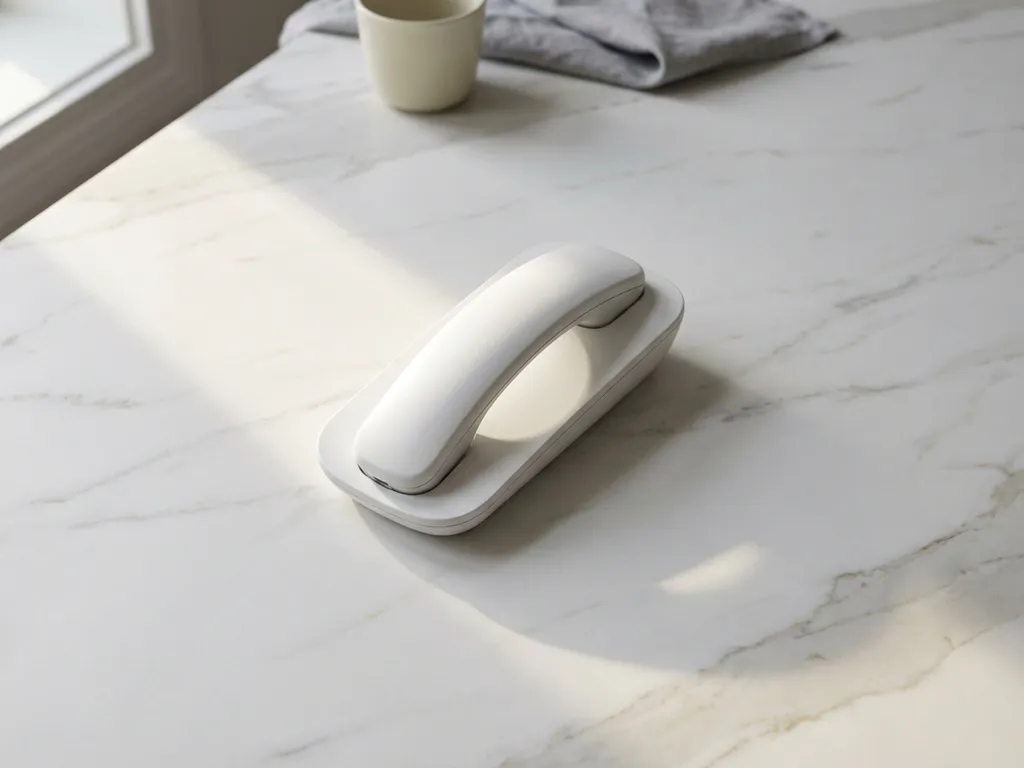 Witte bureautelefoon met gebogen hoorn op marmeren oppervlak, verlicht door natuurlijk licht met zachte schaduwen
