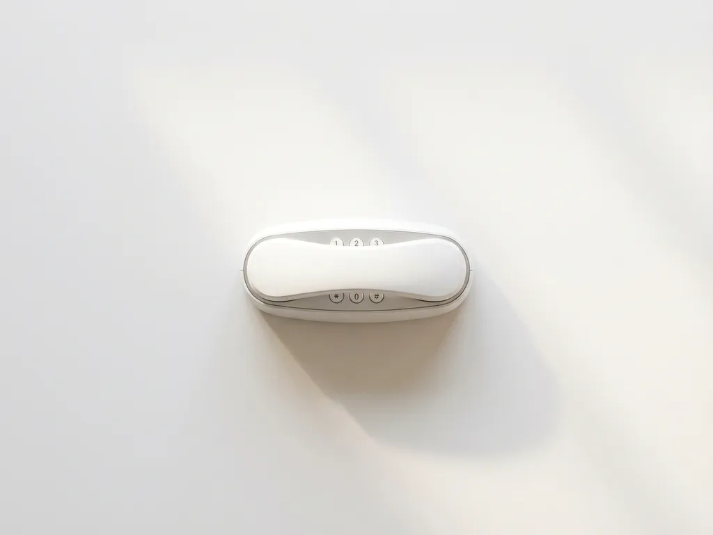 Witte bureautelefoon met gebogen vorm op witte ondergrond, zachte schaduwen, minimalistisch bovenaanzicht
