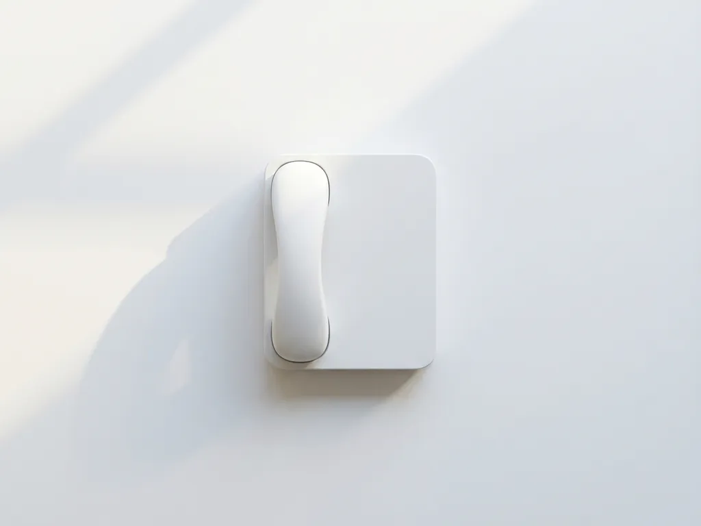Witte bureautelefoon met hoorn in houder op wit oppervlak, minimalistisch design met zachte schaduwen en natuurlijk licht