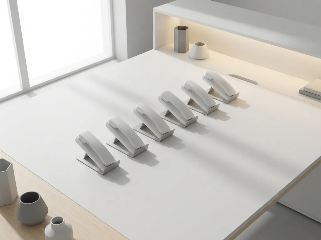 Zeven witte telefoonhoorn op wit bureau gerangschikt in diagonale lijn met oplopend patroon, minimalistisch kantoor