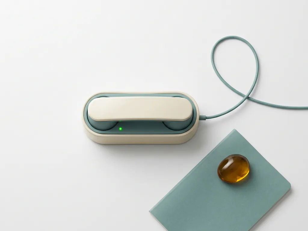 Strak bureautelefoon met groen indicatielampje en dunne kabel op wit oppervlak, zakelijke sfeer, bovenaanzicht.